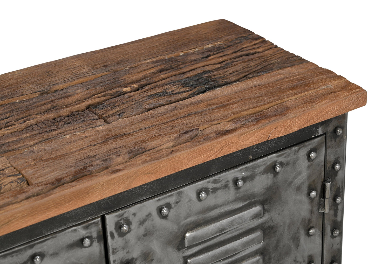 VINTAGE IRON LOCKER SIDEBOARD WITH RECLAIMED RAILWAY SLEEPER WOOD