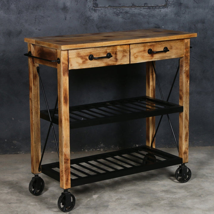 HARDWOOD BUTLERS TROLLEY ON WHEELS DISTRESSED FINISH