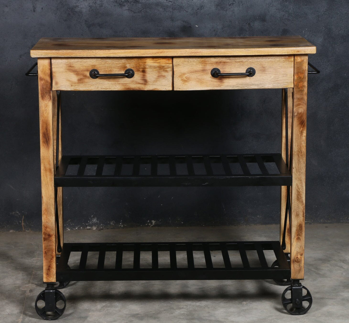 HARDWOOD BUTLERS TROLLEY ON WHEELS DISTRESSED FINISH