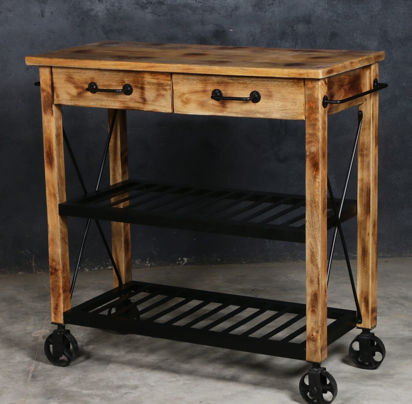 HARDWOOD BUTLERS TROLLEY ON WHEELS DISTRESSED FINISH