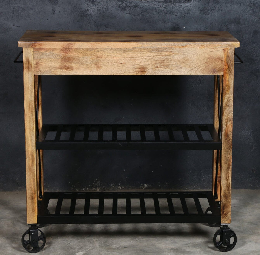 HARDWOOD BUTLERS TROLLEY ON WHEELS DISTRESSED FINISH