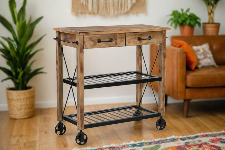 HARDWOOD BUTLERS TROLLEY ON WHEELS DISTRESSED FINISH