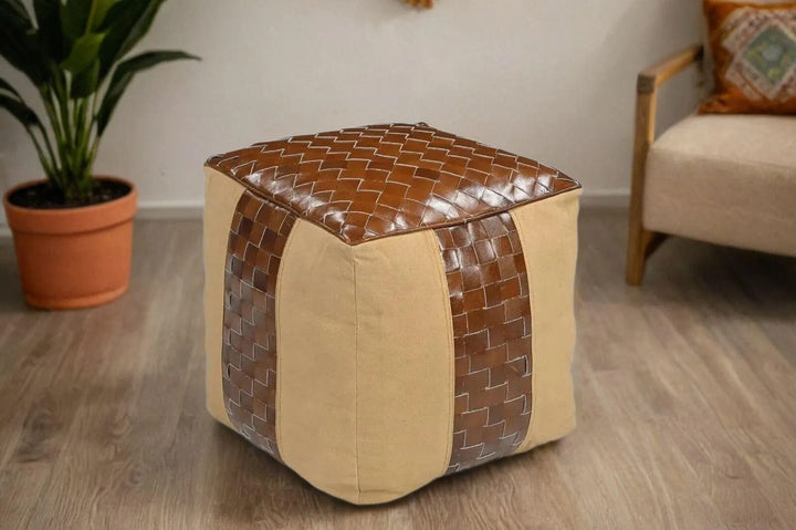 GENUINE LEATHER AND CANVAS OTTOMAN