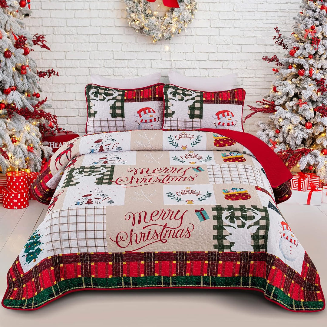 Festive snowman merry Christmas Queen Bedspread Set