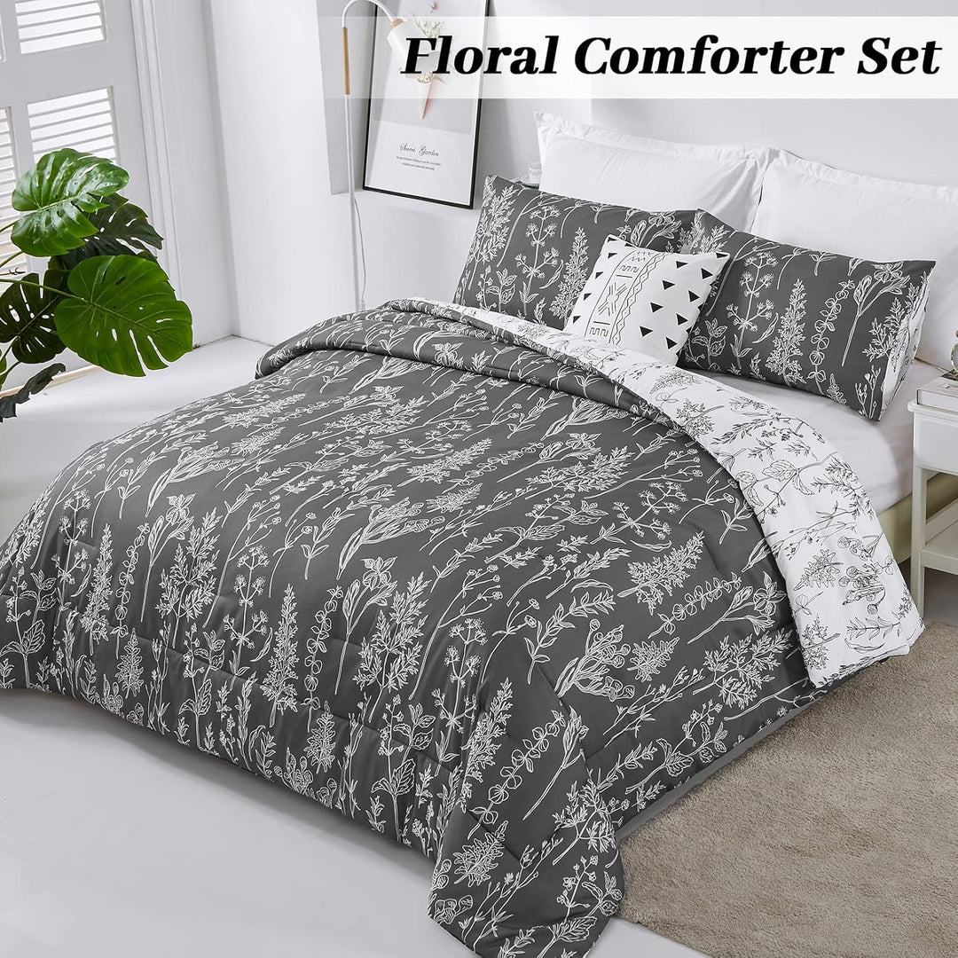 Floral Comforter Set, King Size, Black White Floral Pattern Reversible Bedding