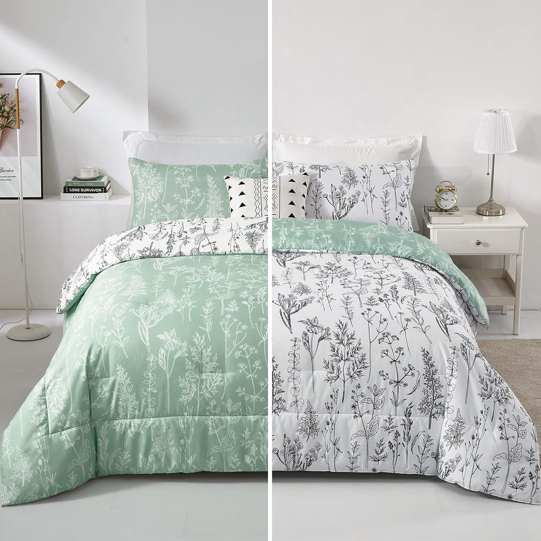 Floral Comforter Set, King Size, Green White Floral Pattern Reversible Bedding