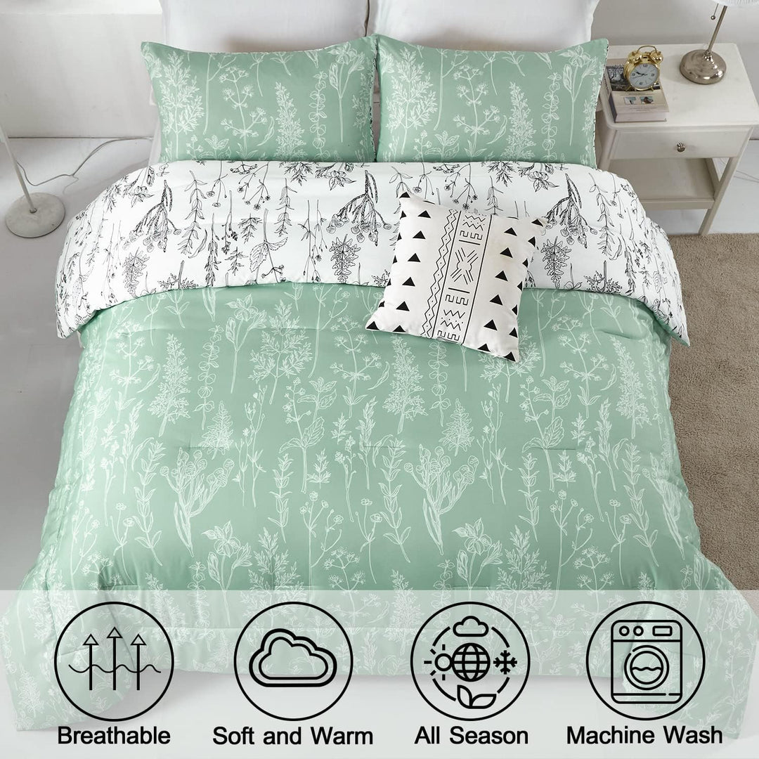 Floral Comforter Set, King Size, Green White Floral Pattern Reversible Bedding