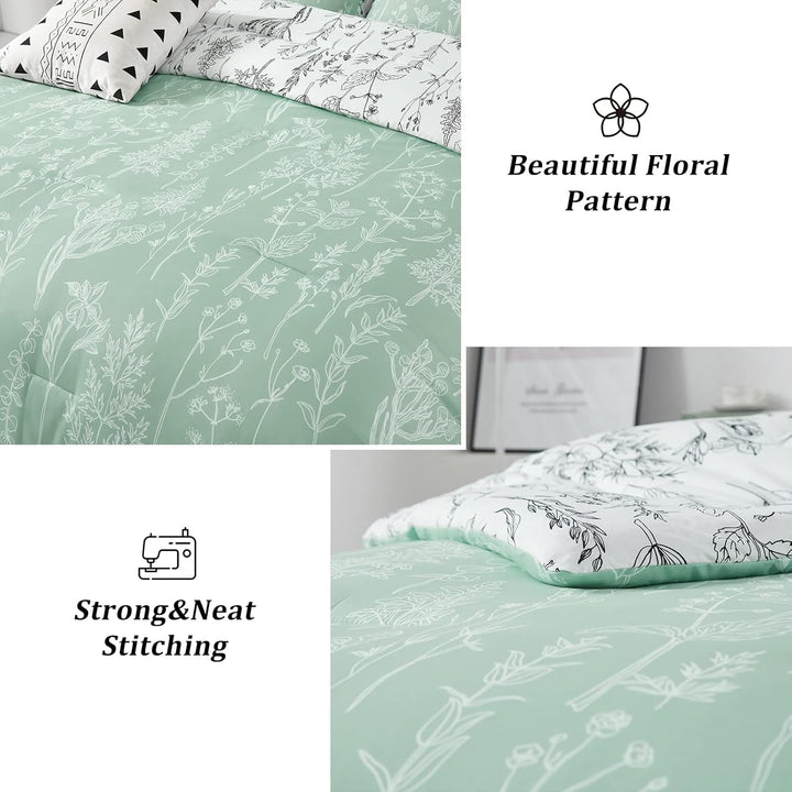 Floral Comforter Set, King Size, Green White Floral Pattern Reversible Bedding