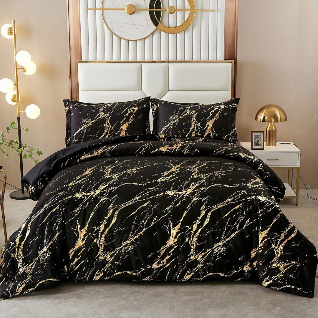 Black Gold Metallic Marble Comforter Set, Queen Size, Foil Print Glitter 3-Piece Bedding