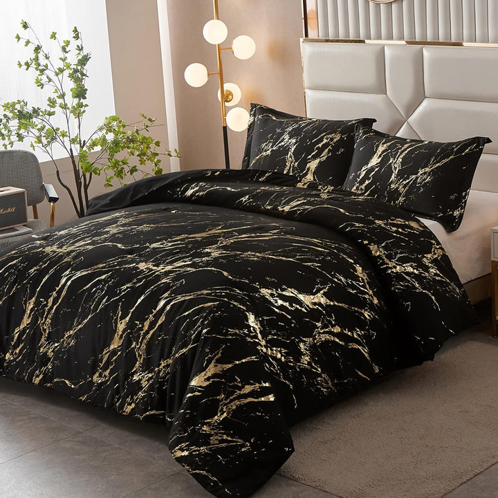 Black Gold Metallic Marble Comforter Set, Queen Size, Foil Print Glitter 3-Piece Bedding