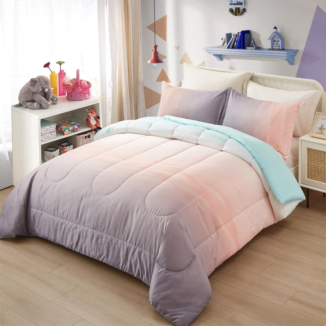 Girls Comforter Set, Queen Size, Ombre Blue Pink Rainbow 3-Piece Bedding Collection