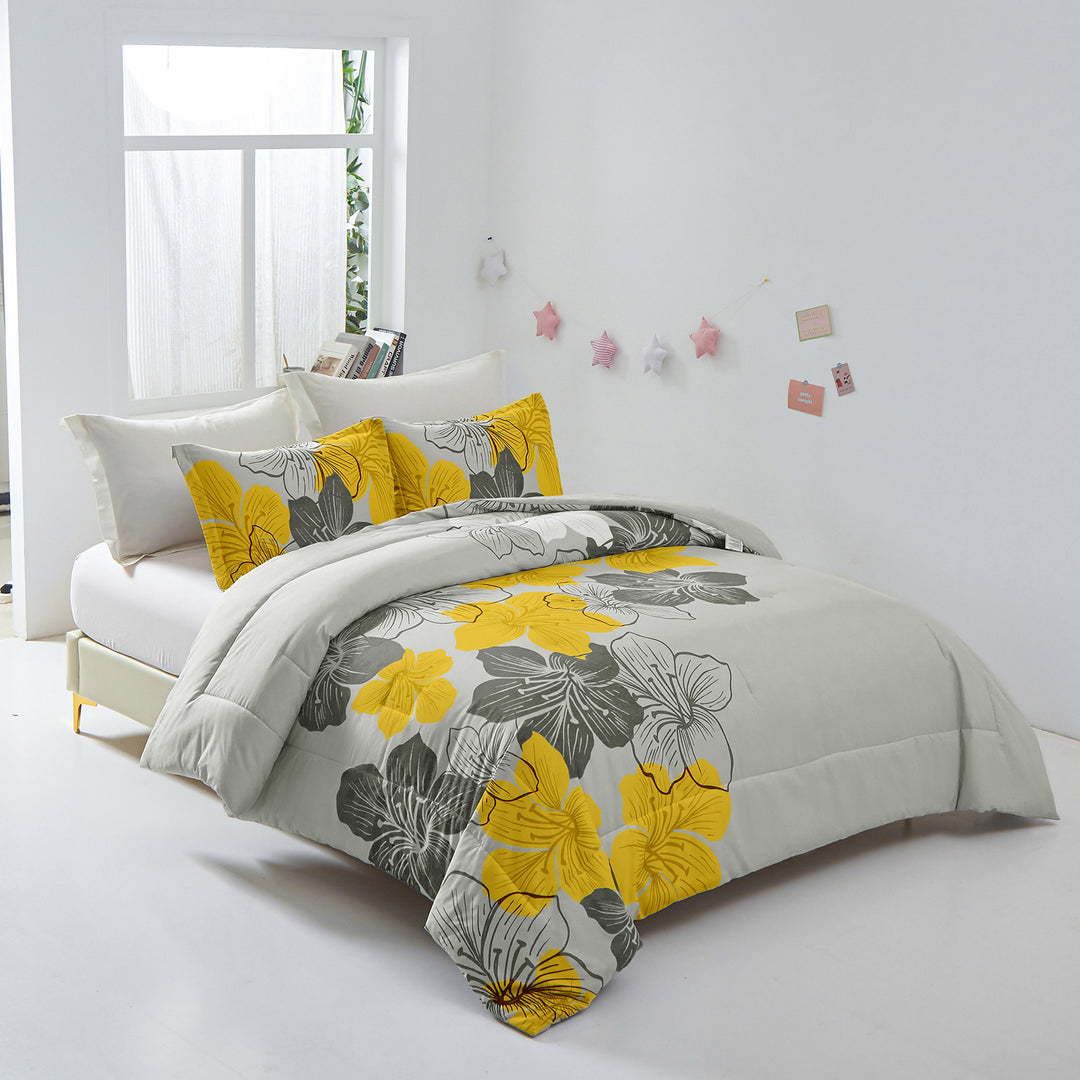 Floral Comforter Set, King Size, Yellow Floral 3-Piece Bedding, Lightweight Microfiber