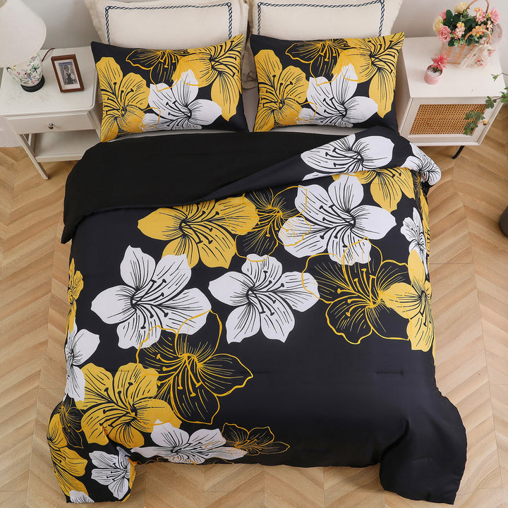 King Comforter Set, Black/Gold Floral 3-Piece Bedding, Soft Microfiber for All Seasons