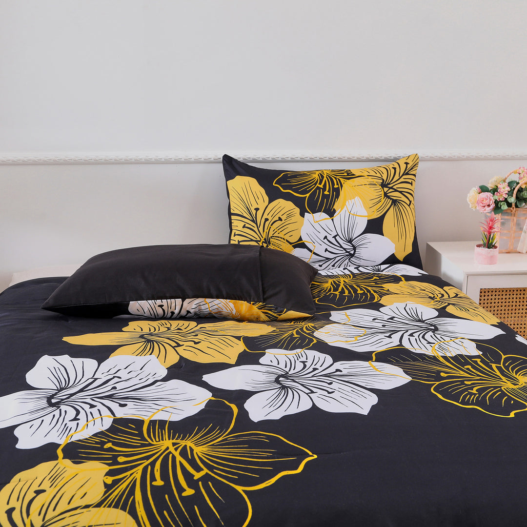 King Comforter Set, Black/Gold Floral 3-Piece Bedding, Soft Microfiber for All Seasons