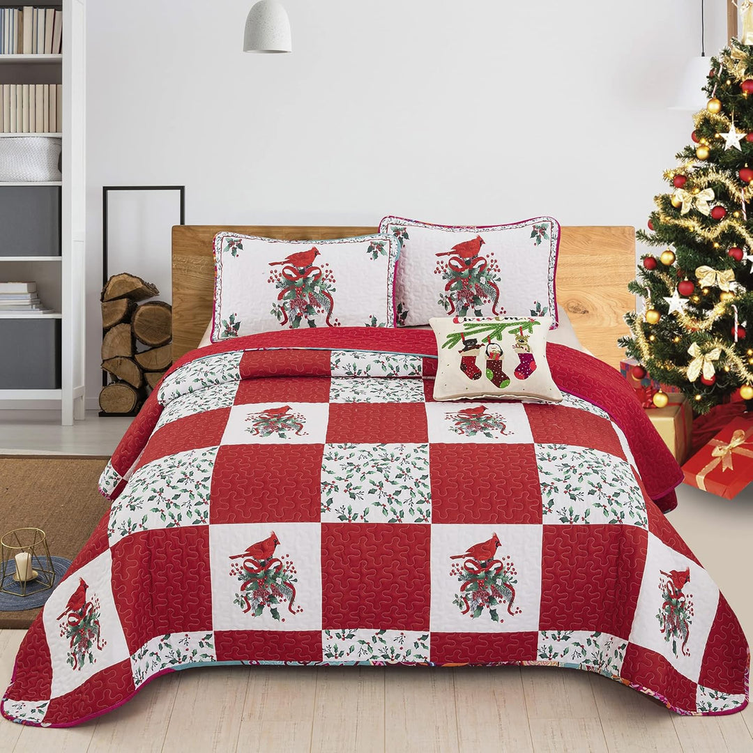 Elegant Red, greem & White Christmas Queen Bedspread Set