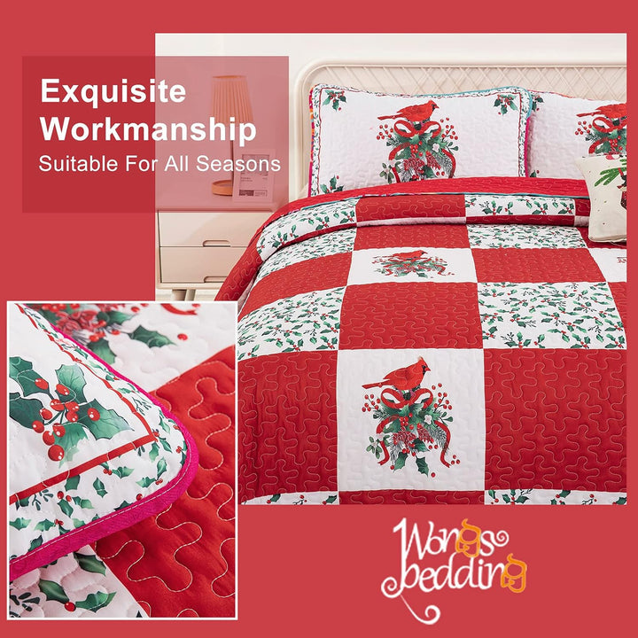 Elegant Red, greem & White Christmas Queen Bedspread Set