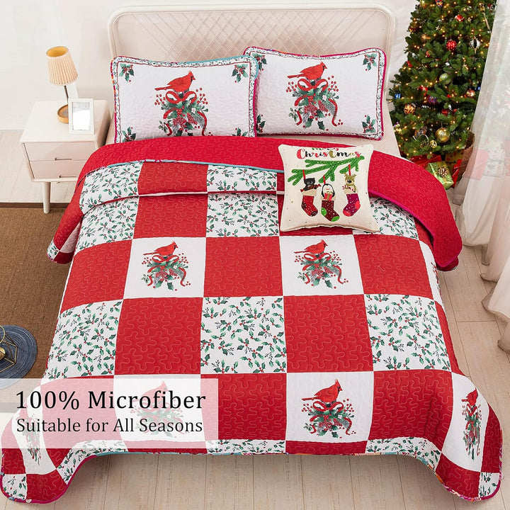 Elegant Red, greem & White Christmas Queen Bedspread Set