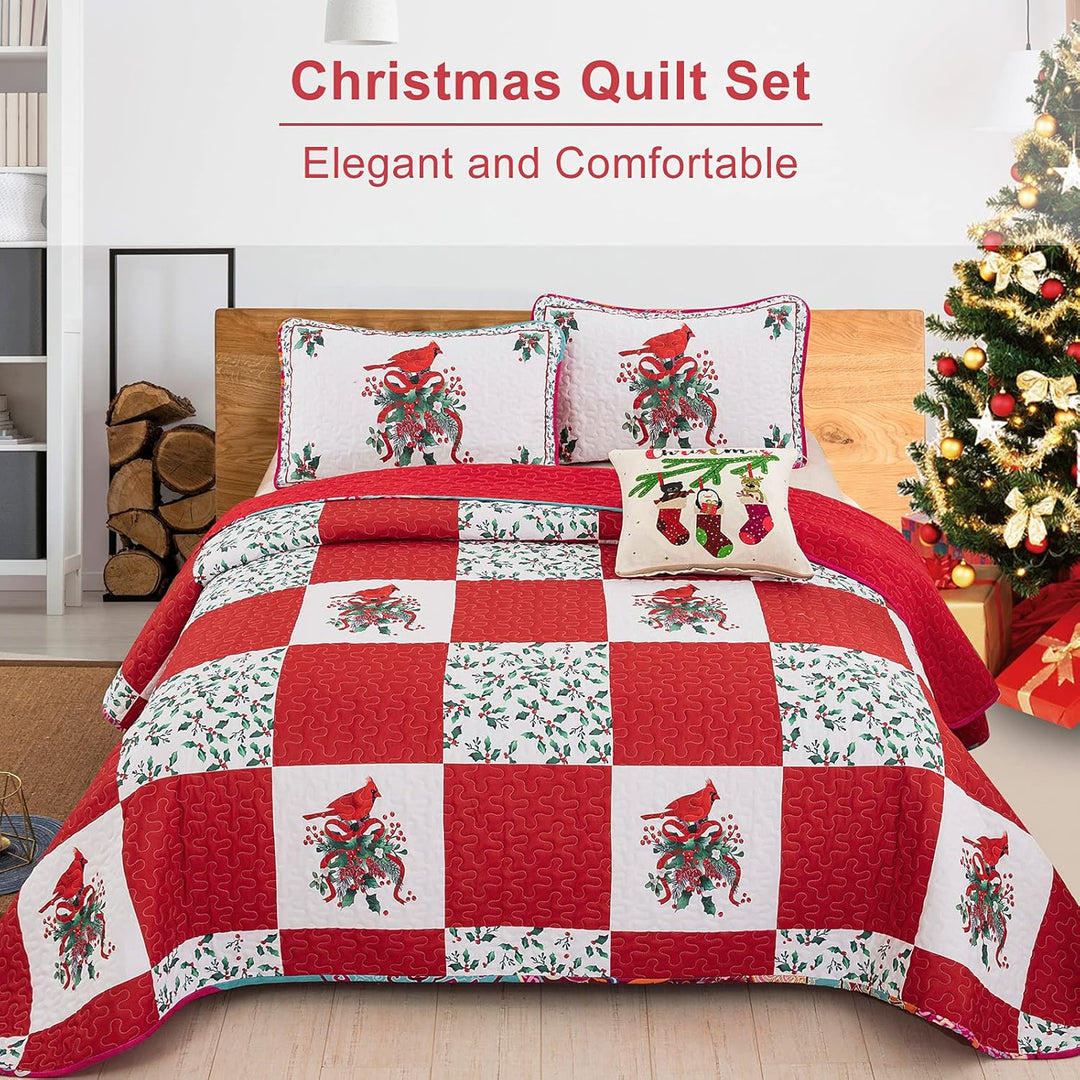 Elegant Red, greem & White Christmas Queen Bedspread Set