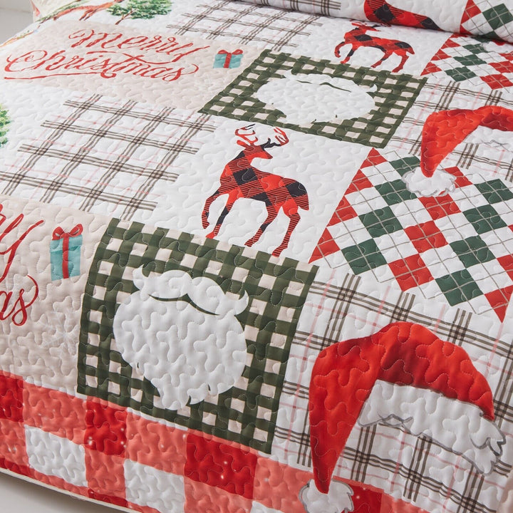 Joyful Santa & Reindeer Christmas Queen Bedspread Set