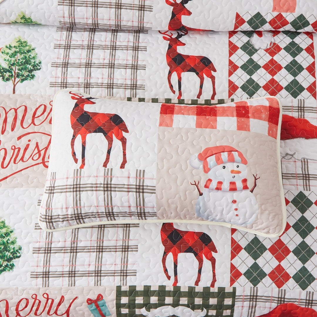 Joyful Santa & Reindeer Christmas Queen Bedspread Set