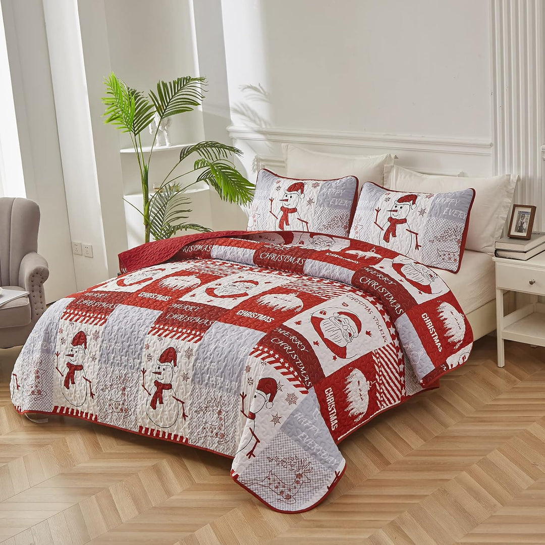 Winter Wonderland snowman santa Christmas Queen Bedspread Set