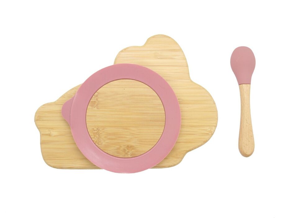 Bamboo Kids Children Baby Plate Bowl & Silicon Suction Cap Base & Spoon - Rabbit