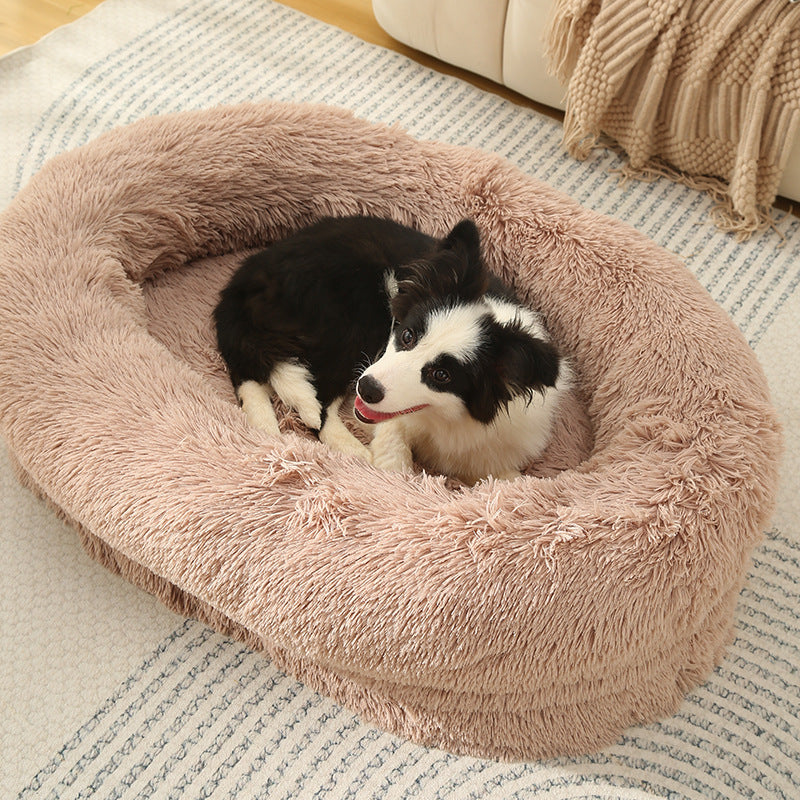 Fluffy Donut-Shaped Pet Bed- Soft, Cozy, and Anti-Anxiety for Dogs and Cats, Machine Washable  Beige Brown  Size:S 60*50*18cm