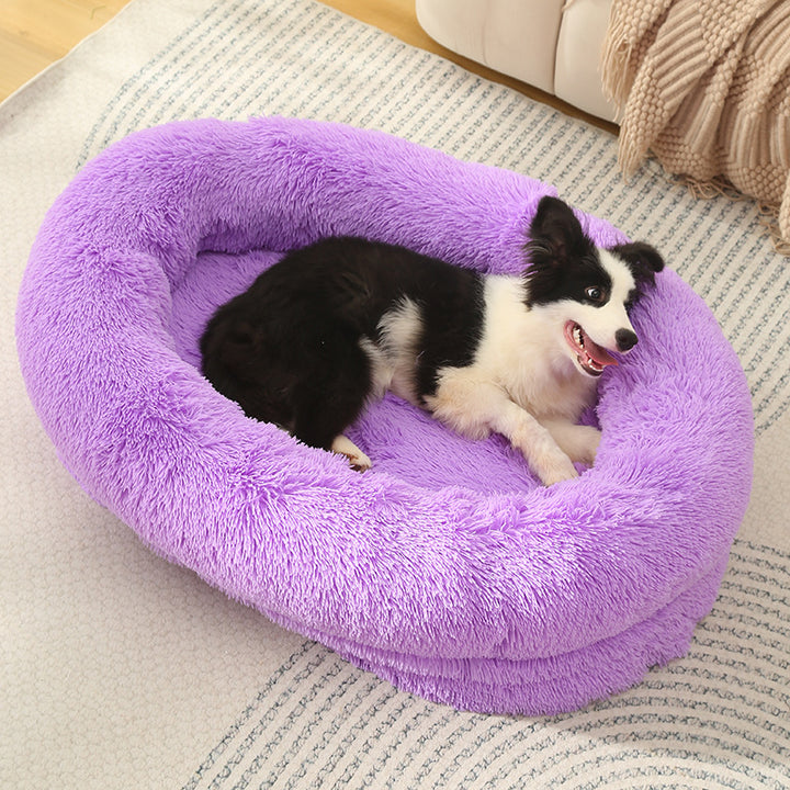 Fluffy Donut-Shaped Pet Bed- Soft, Cozy, and Anti-Anxiety for Dogs and Cats, Machine Washable  Purple  Size:L 90*65*20cm