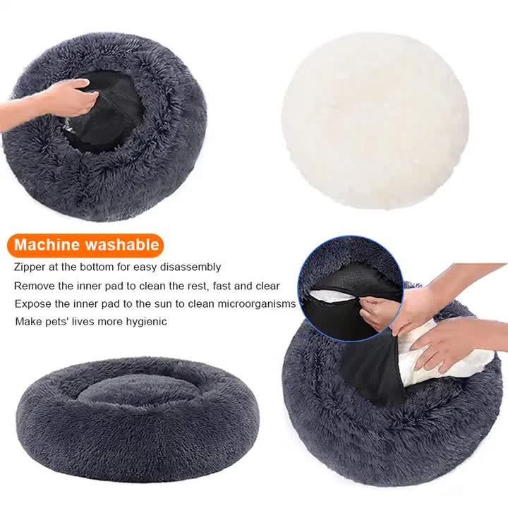 Calming Donut Pet Bed -Soft Faux Fur, Anti-Anxiety Fluffy Round Bed for Cats and Small Dogs (White)50cm