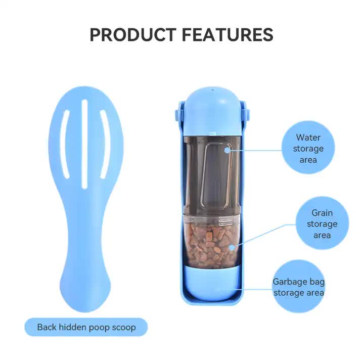 2-in-1 Portable Pet Water and Food Bottle - Leak-Proof Design with Water Lock and Easy Dispenser,300ml Water+200ml food feeder Blue Colour