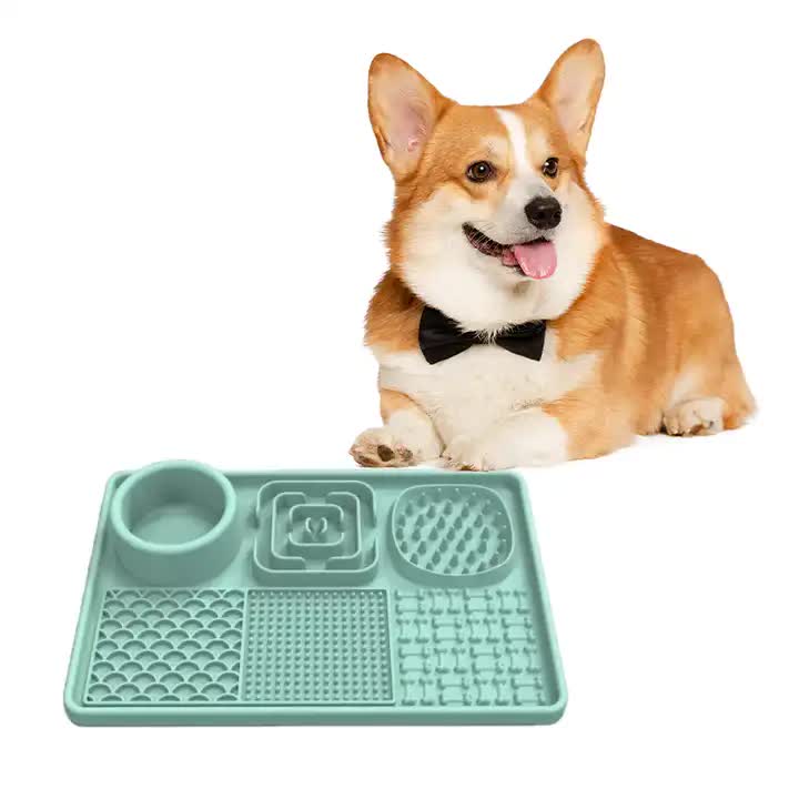 Multi-Functional Slow Feeder Mat for Dogs- Anti-Slip Lick Pad with Multiple Textures Rectangle 2PCS (Blue & Green)