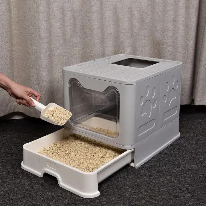 Foldable Cat Litter Box with Pull-Out Tray -Easy Cleaning and Anti-Splash Design Grey 51*41*38cm