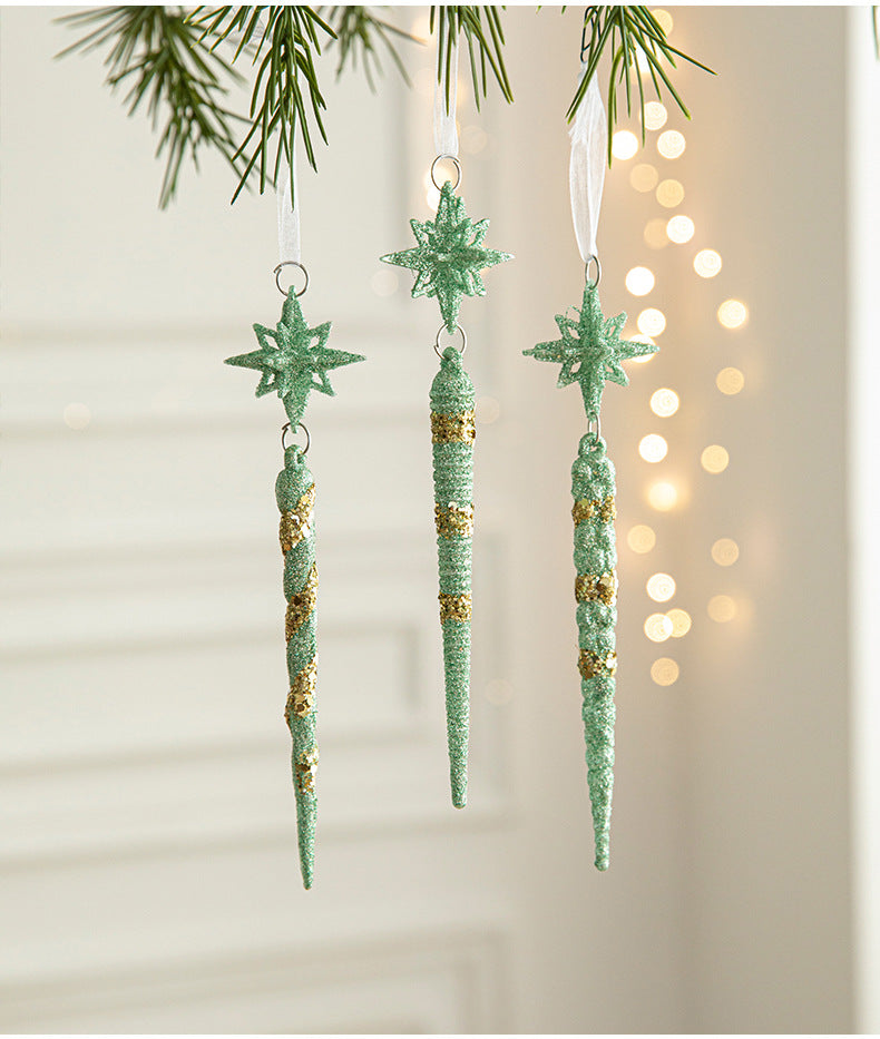 Green Glitter Icicle Christmas Ornaments with Star Tops - Set of 3 Hanging Decorations（5 set in total）