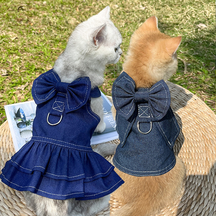 Pet Denim Harness Dress Set (2 Pieces) – 3XL Size (70cm Chest for 20-36 lb Pets) with T-Shirt and Skirt, Bow, and Leash Ring