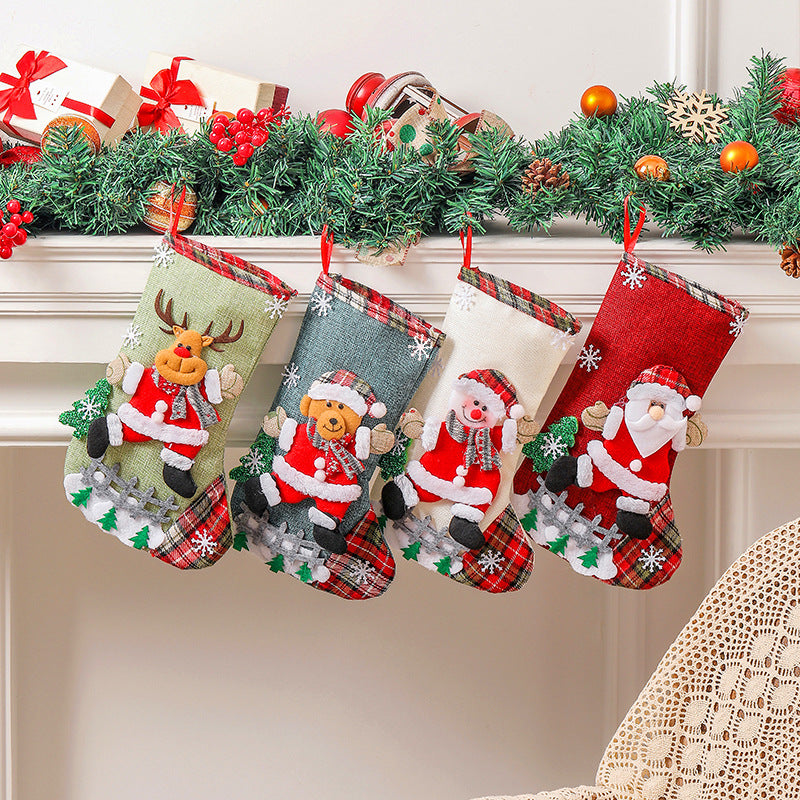 Set of 4 Christmas Stockings with Santa, Reindeer, Snowman, and Teddy Bear - Holiday Mantel Decor