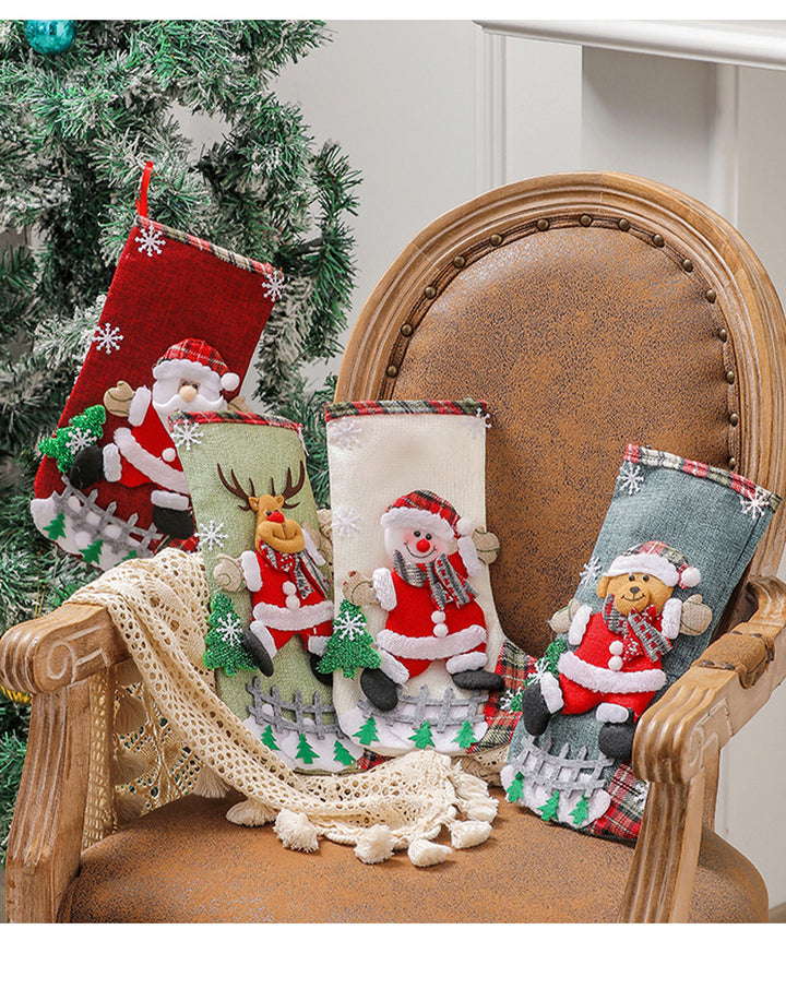 Set of 4 Christmas Stockings with Santa, Reindeer, Snowman, and Teddy Bear - Holiday Mantel Decor