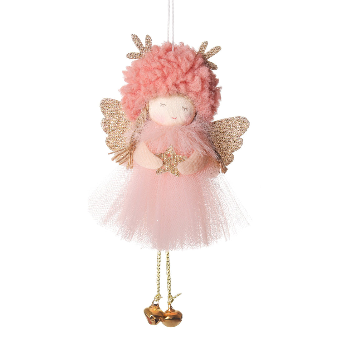 Gold and White Angel Ornament with Bells and Glitter Wings - Christmas Hanging Decoration 16*10*5cm Pink colour (5 pieces)