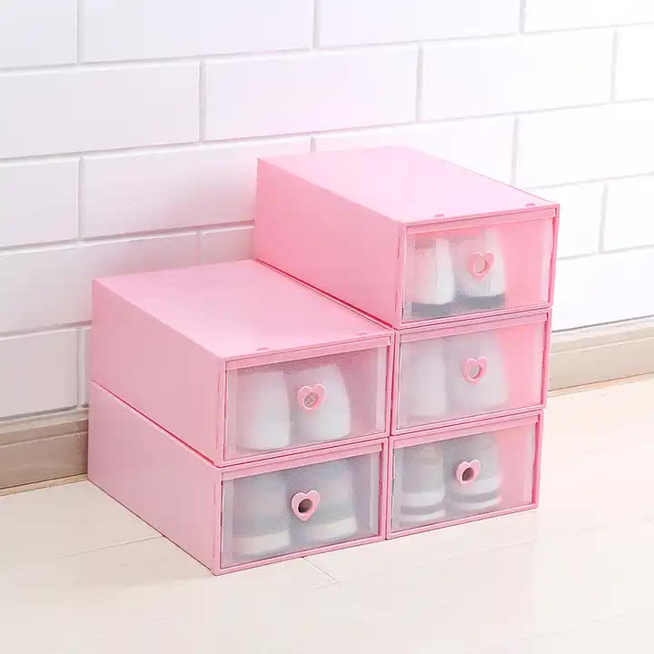 Stackable Transparent Shoe Storage Boxes with Heart-Shaped Handles (Set of 5) 31*20*12cm Pink