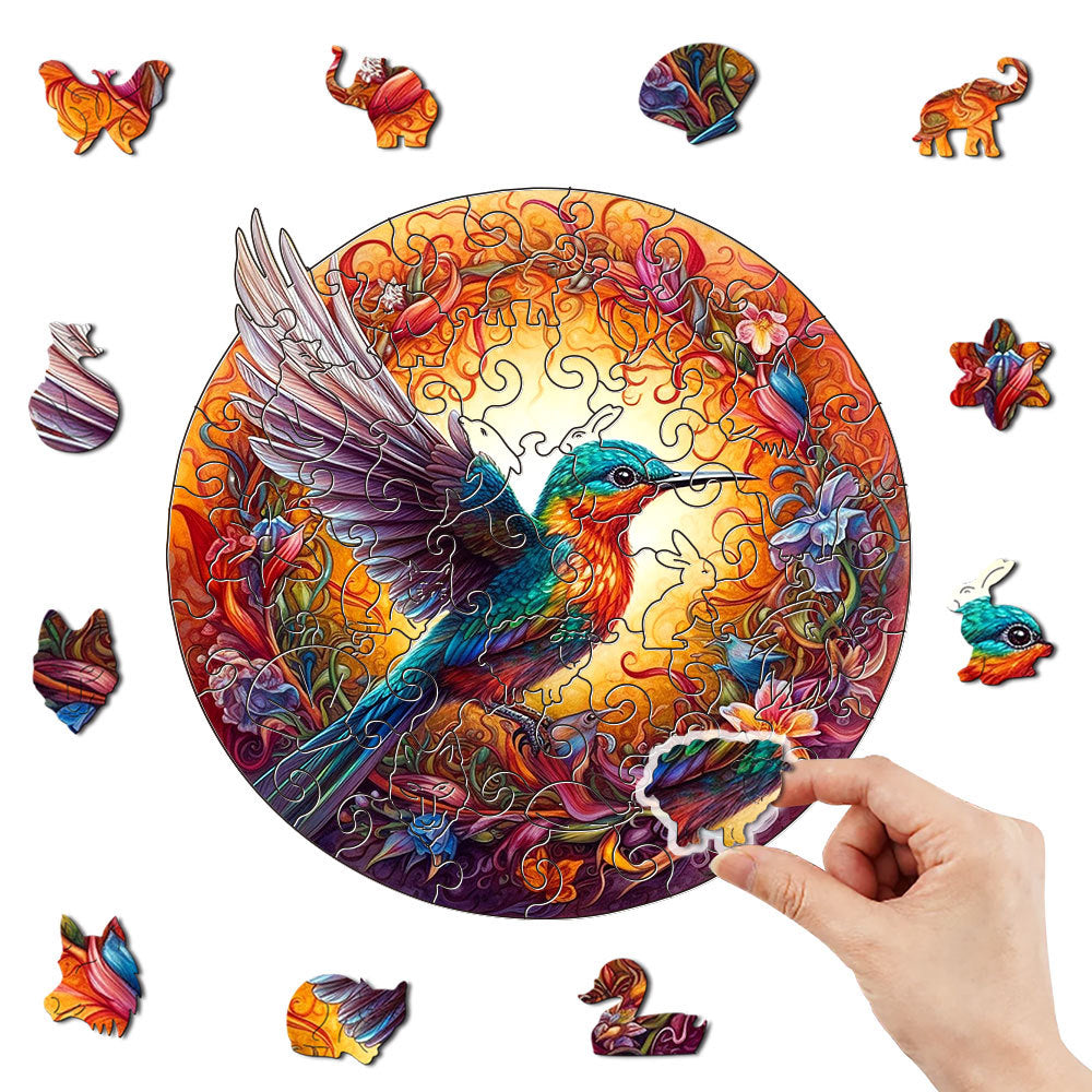 Round Hummingbird Wooden Puzzle - Vibrant Floral Design (L-paper box-H159)