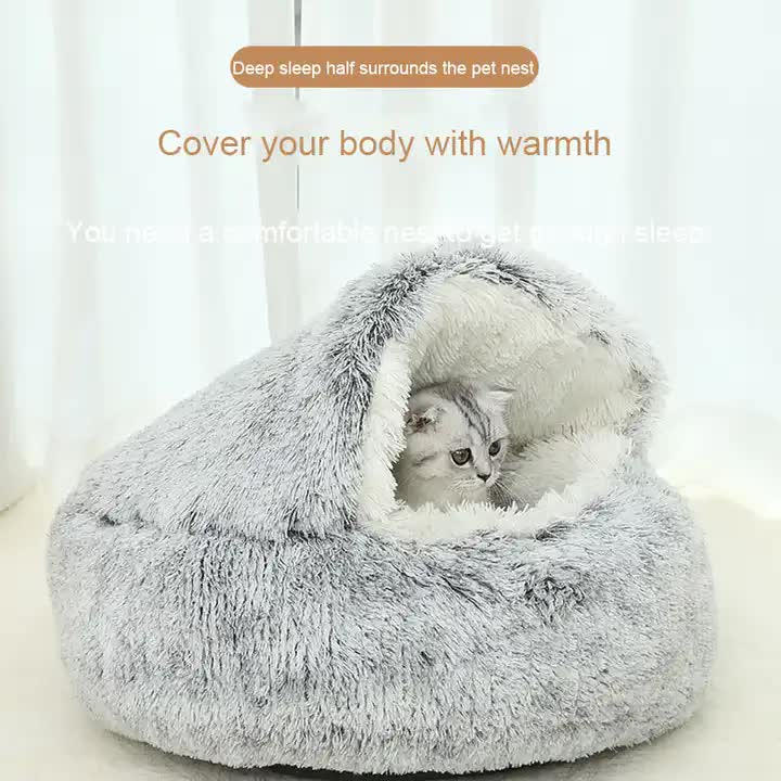 Cozy Coffee Plush Hooded Pet Bed - Ultra Soft Long Fur Cave Bed for Small Pets 40cm