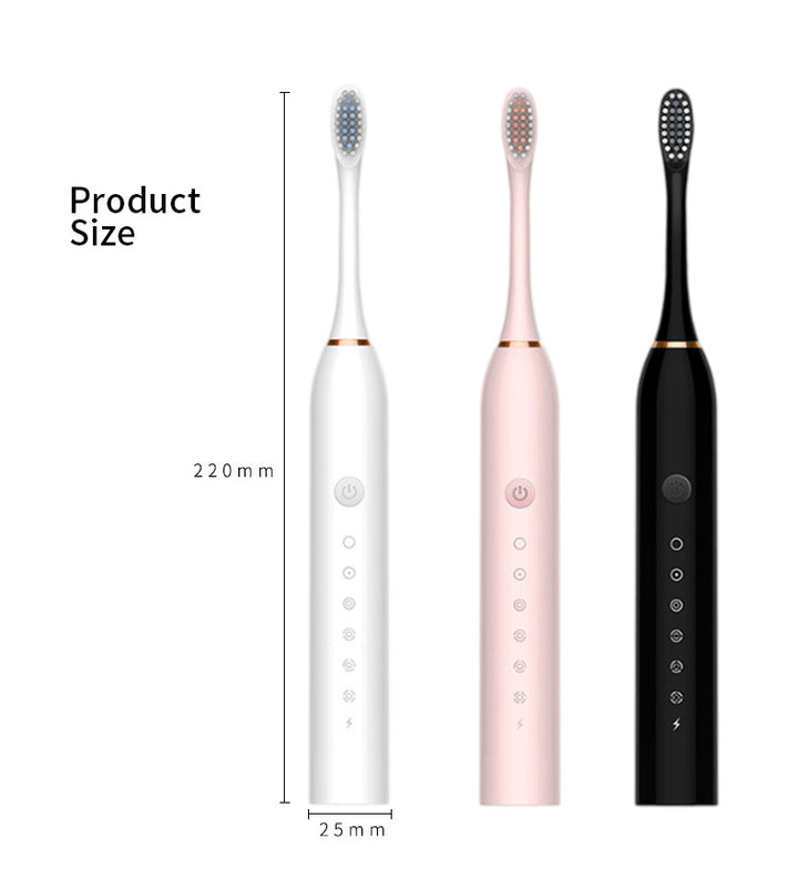 X-3 Sonic Electric Toothbrush, 4 Replacement Brush Heads, and USB Charging Cable - Sleek Pink Design