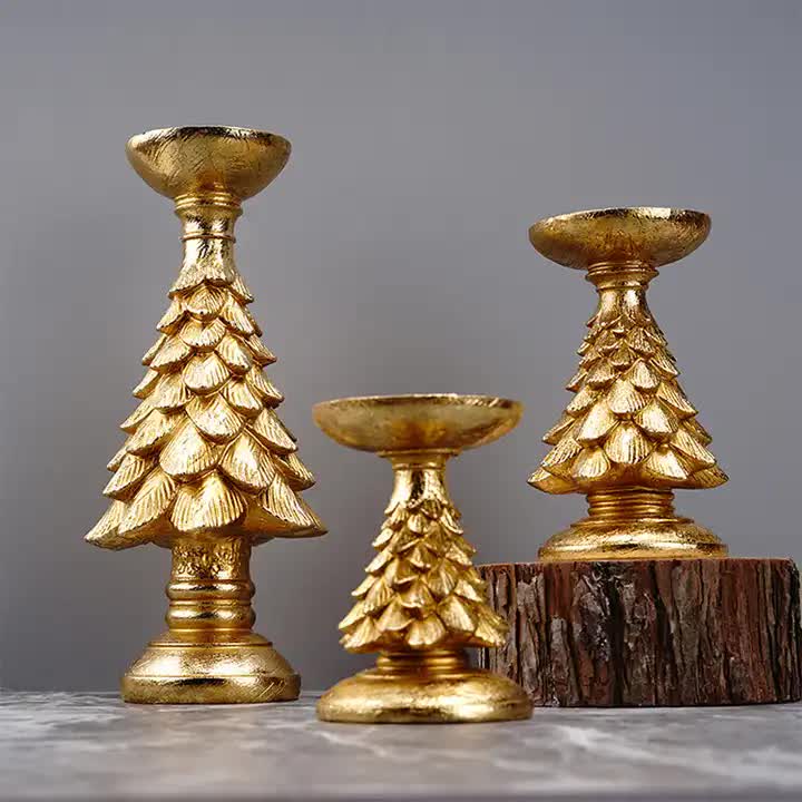 Gold Christmas Tree Candle Holder - Elegant Resin Pillar Stand, 27.5cm Festive Decoration