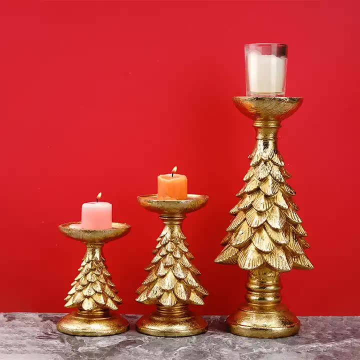 Gold Christmas Tree Candle Holder - Elegant Resin Pillar Stand, 27.5cm Festive Decoration