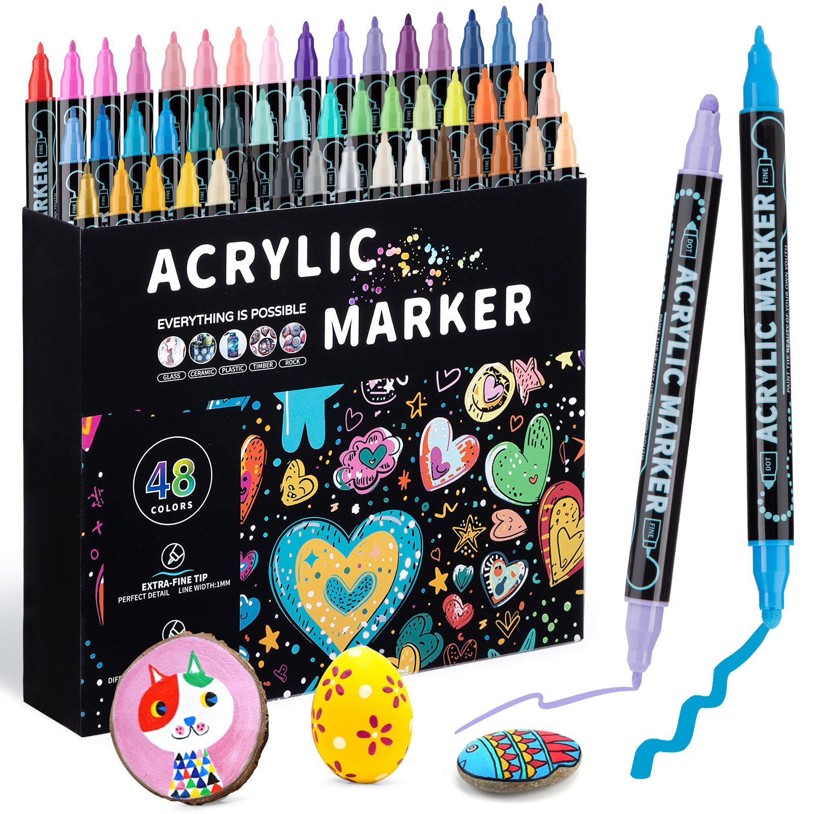 Dual-Tip Acrylic Marker Set - 1-5mm Round Tip & 1mm Fine Tip for Art and Craft Projects 48 colors