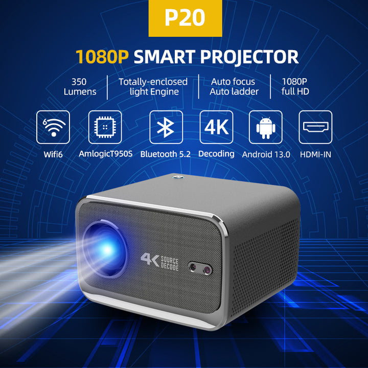 P20 1080P Smart Projector with 4K Decoding, Wi-Fi 6, Bluetooth 5.2, and Android 13.0(211.2*184.72*136.5mm)