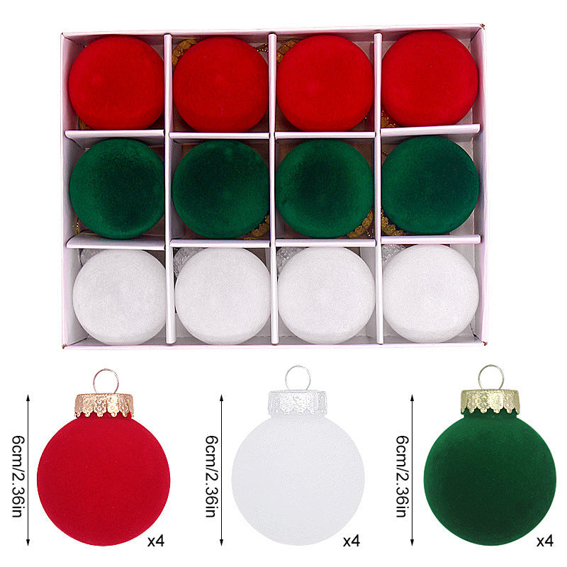 12-Piece Velvet Christmas Ornament Set - Classic Red, Green, and White Baubles for Holiday Tree Decoration (6cm)