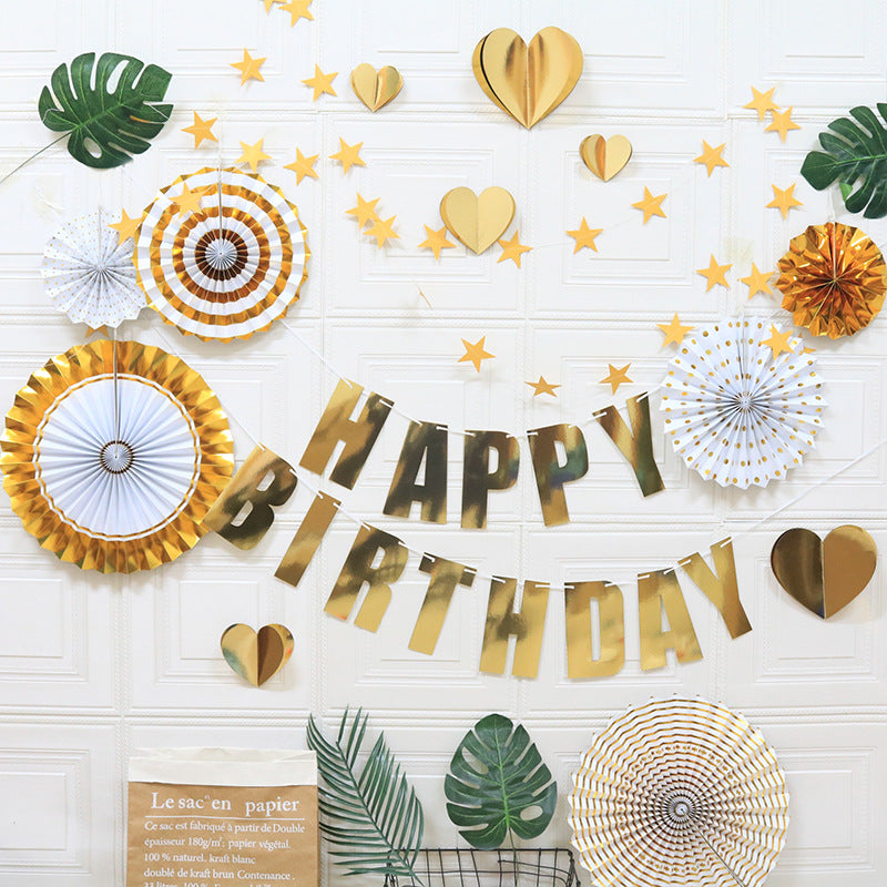 Happy Birthday Party Decoration Set -  Fan Decorations, Hearts, Stars & Banner