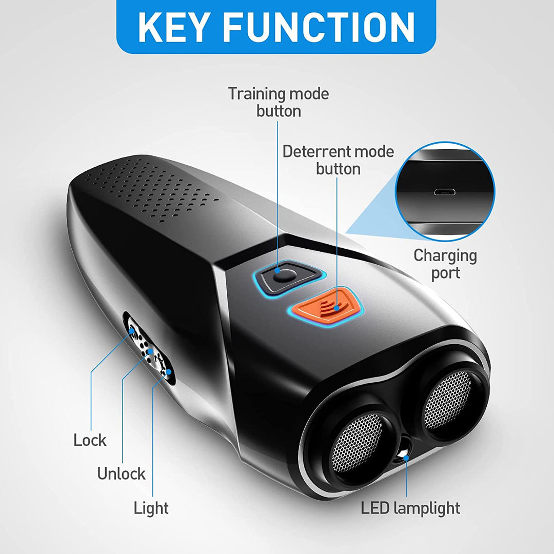 Silver Handheld Ultrasonic Dog Trainer with Dual Mode | Training & Deterrent Device with LED Light