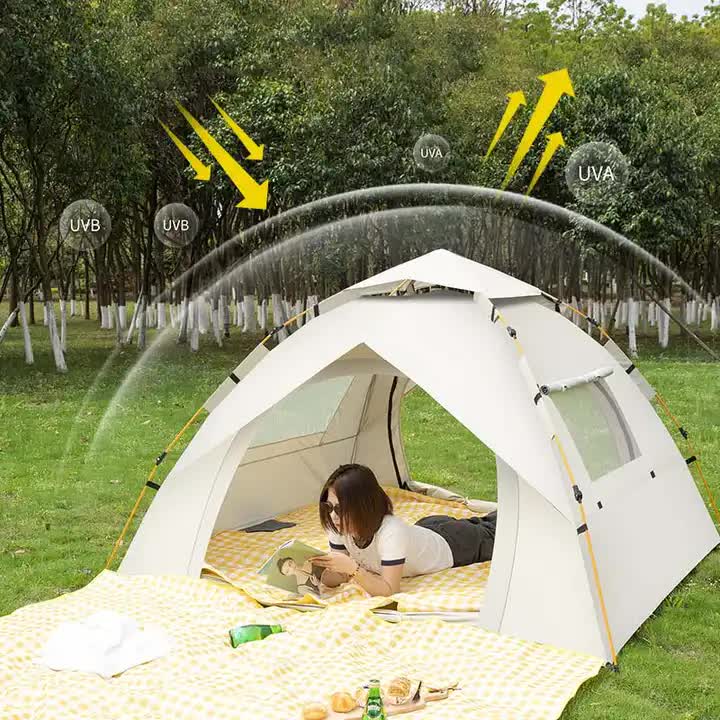 Off-white 3-4 Person Lightweight Camping Tent (210*200*135cm) | UV Protection Silver Coated, Dual Doors & Windows