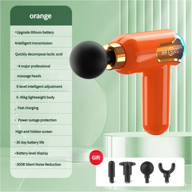 LC002 Orange Portable Massage Gun - Deep Tissue Muscle Massager with 4 Heads and 9 Speed Settings